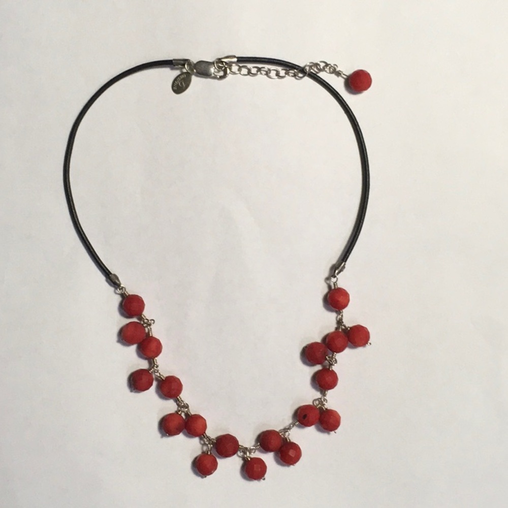 Red Coral Sterling Silver leather cord Necklace. EUC